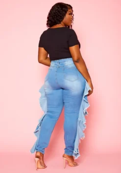 Plus Size Blue Wash Ruffle Hem Denim Jeans -Asoph Fashion Shop 2021118 001 3