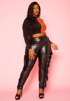 Plus Size Fringe Hem Faux Leather Pants