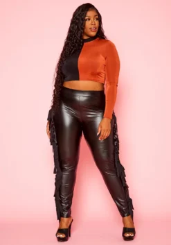 Plus Size Fringe Hem Faux Leather Pants -Asoph Fashion Shop 2021119 001 2