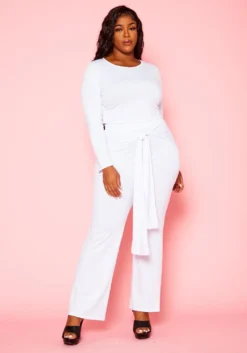 Plus Size Crop Sweater & Belted Flare Pants Set