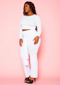 Plus Size Crop Sweater & Belted Flare Pants Set -Asoph Fashion Shop 2021121 001 2