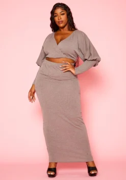 Plus Size Ribbed Knit Crop Top & Skirt Set