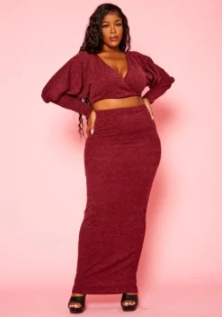 Plus Size Ribbed Knit Crop Top & Skirt Set