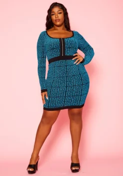 Plus Size Shimmer Greek Key Print Bodycon Dress 8 Plus Size Shimmer Greek Key Print Bodycon Dress -Asoph Fashion Shop 2021134 001 1