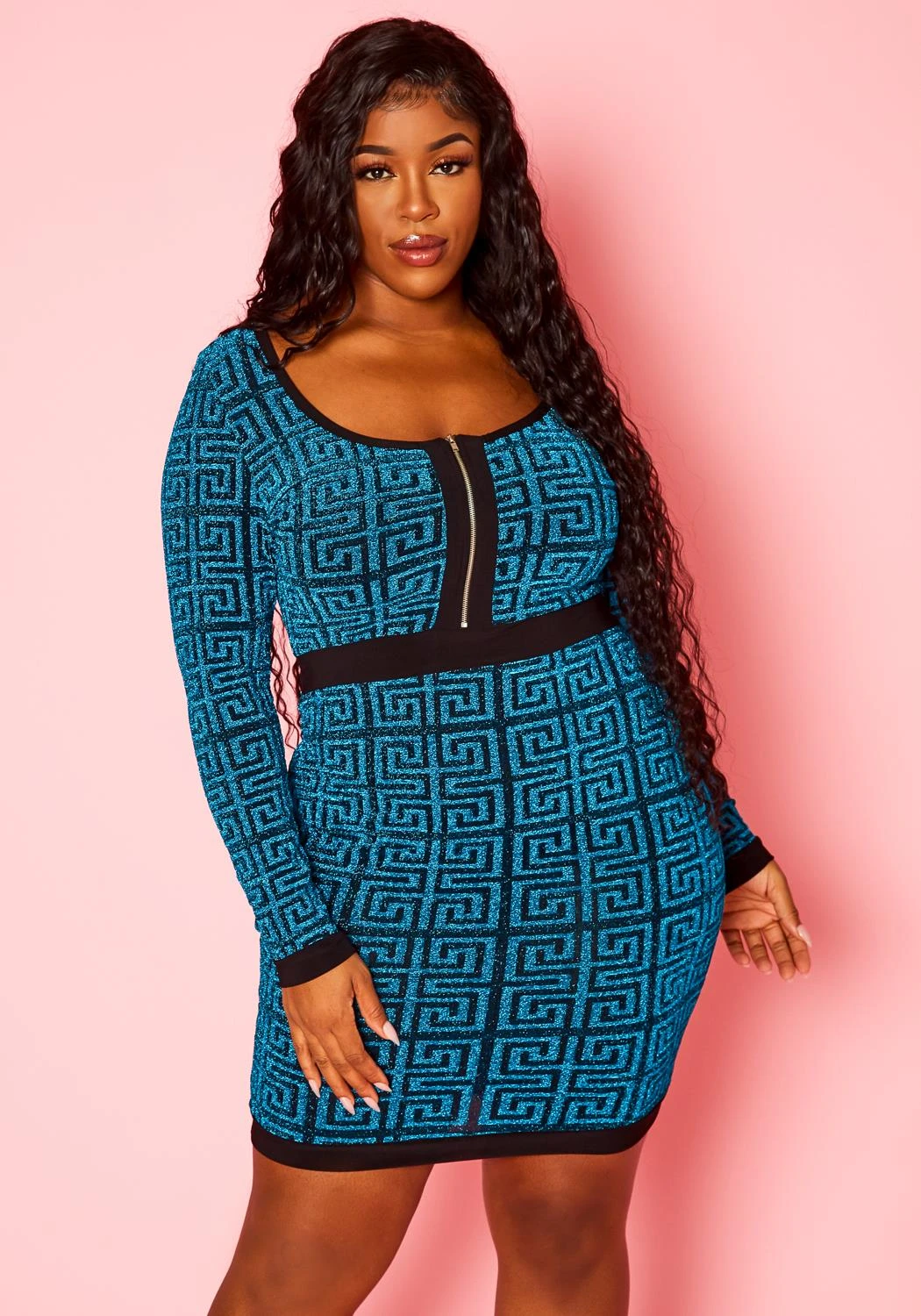 Plus Size Shimmer Greek Key Print Bodycon Dress 1 Plus Size Shimmer Greek Key Print Bodycon Dress