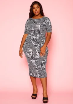 Plus Size Greek Key Print Bodycon Midi Dress 8 Plus Size Greek Key Print Bodycon Midi Dress -Asoph Fashion Shop 2021135 001 0