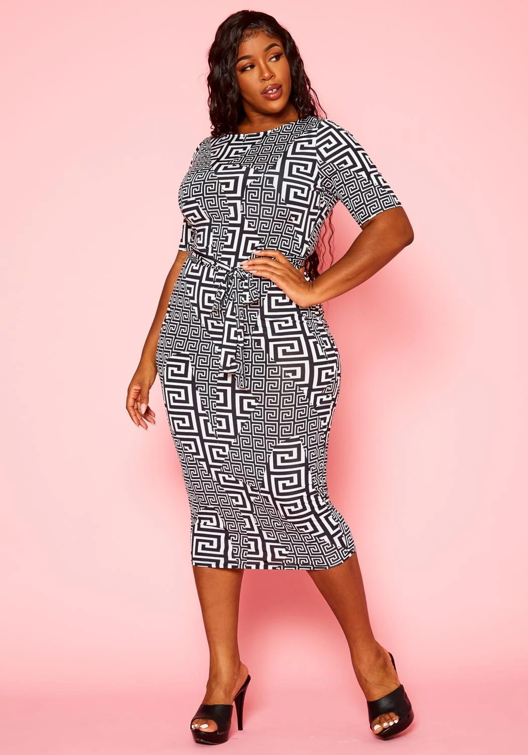 Plus Size Greek Key Print Bodycon Midi Dress 2 Plus Size Greek Key Print Bodycon Midi Dress - Image 2