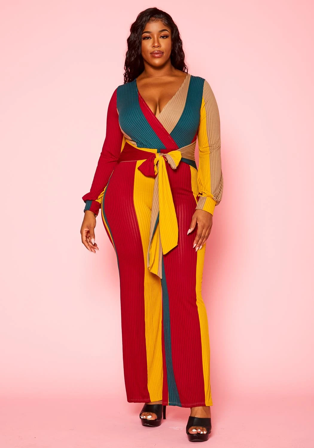 Plus Size Color Block Long Sleeve Jumpsuit 2 Plus Size Color Block Long Sleeve Jumpsuit - Image 2