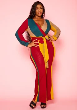 Plus Size Color Block Long Sleeve Jumpsuit