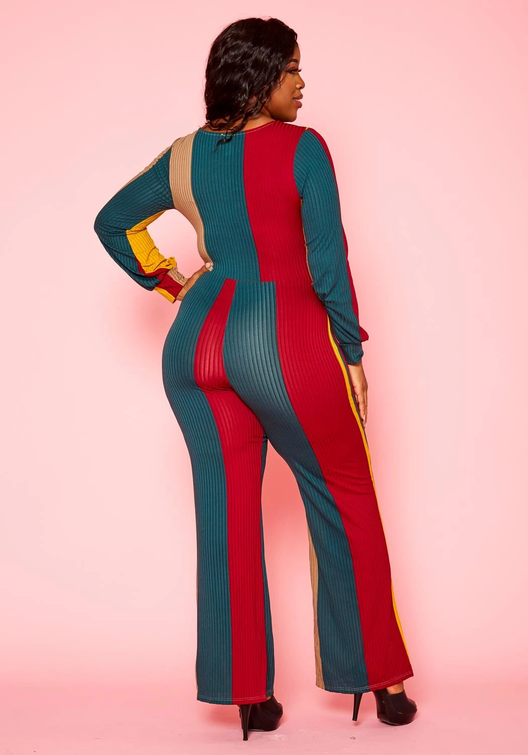 Plus Size Color Block Long Sleeve Jumpsuit 4 Plus Size Color Block Long Sleeve Jumpsuit - Image 4