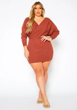 Plus Size Ribbed Knit Dolman Sleeve Mini Dress -Asoph Fashion Shop 2021158 002 1