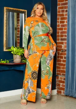 Plus Size Multi Pattern Long Sleeve Top & Pants Set