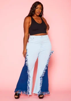 Plus Size Fringe Hem Color Block Flared Jeans