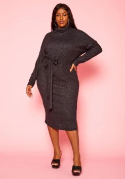 Plus Size Super Soft Turtleneck Ribbed Knit Midi Dress