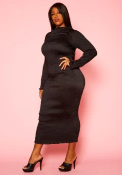 Plus Size Smocked High Neck Long Sleeve Maxi Dress -Asoph Fashion Shop 2021285 001 2