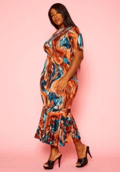 Plus Size Rustic Teal Pattern Flare Dress -Asoph Fashion Shop 2021295 001 2