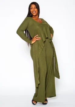 Plus Size Ribbed Knit Longline Top & Pants Set