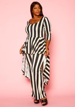 Plus Size Striped High Low Peplum Top & Pants Set -Asoph Fashion Shop 2021306 001 1