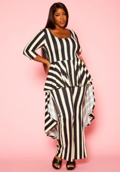 Plus Size Striped High Low Peplum Top & Pants Set