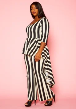 Plus Size Striped High Low Peplum Top & Pants Set -Asoph Fashion Shop 2021306 001 3