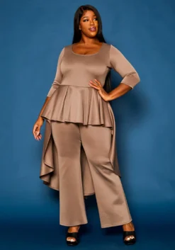 Plus Size High Low Peplum Top & Pants Set