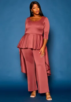 Plus Size High Low Peplum Top & Pants Set