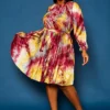 Plus Size Tie Dye Fit & Flare Pleated Dress