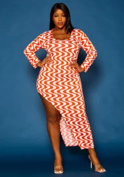 Plus Size Geometric Pattern High Low Maxi Dress