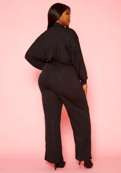 Plus Size Shimmer Long Sleeve Flare Jumpsuit -Asoph Fashion Shop 2021323 001 3