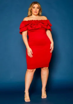 Plus Size Off Shoulder Ruffle Hem Dress -Asoph Fashion Shop 2021328 002 1