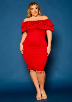 Plus Size Off Shoulder Ruffle Hem Dress