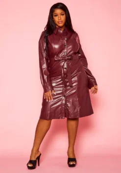 Plus Size Faux Leather Button Front Dress