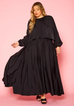 Plus Size Solid Long Sleeve Flare Maxi Skirt Set