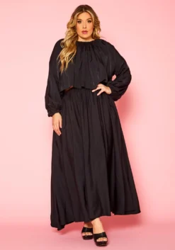 Plus Size Solid Long Sleeve Flare Maxi Skirt Set -Asoph Fashion Shop 2021333 001 2