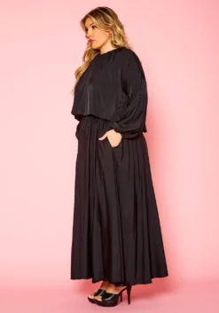 Plus Size Solid Long Sleeve Flare Maxi Skirt Set -Asoph Fashion Shop 2021333 001 3