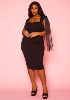 Plus Size Fringe Sleeve Midi Dress