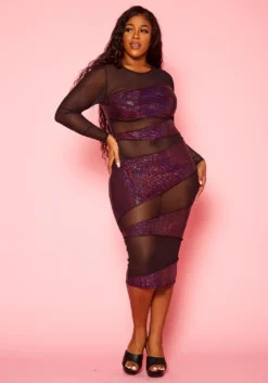 Plus Size Half Metallic Half Mesh Bodycon Dress -Asoph Fashion Shop 2021366 001 1