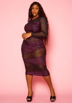 Plus Size Half Metallic Half Mesh Bodycon Dress