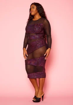 Plus Size Half Metallic Half Mesh Bodycon Dress -Asoph Fashion Shop 2021366 001 3