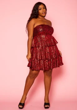 Plus Size Metallic Leopard Print Ruffle Flare Dress