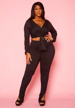 Plus Size Wrap Crop Top & Ruched Leggings Set 8 Plus Size Wrap Crop Top & Ruched Leggings Set -Asoph Fashion Shop 2021385 001 1