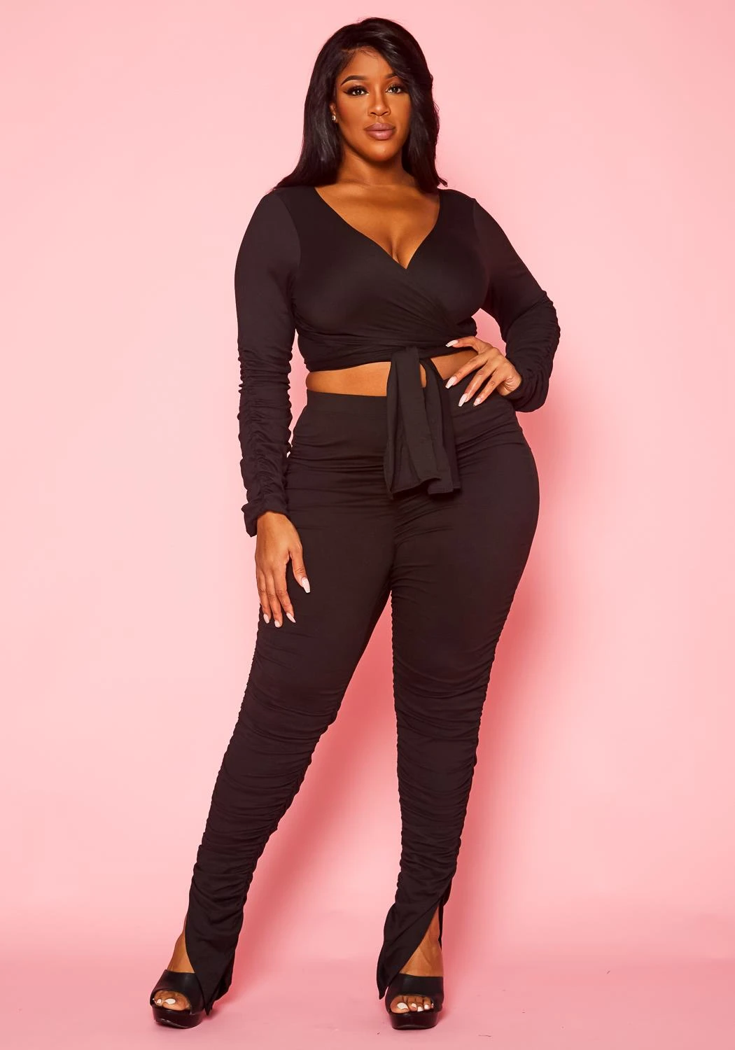 Plus Size Wrap Crop Top & Ruched Leggings Set 3 Plus Size Wrap Crop Top & Ruched Leggings Set - Image 3