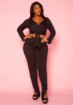 Plus Size Wrap Crop Top & Ruched Leggings Set