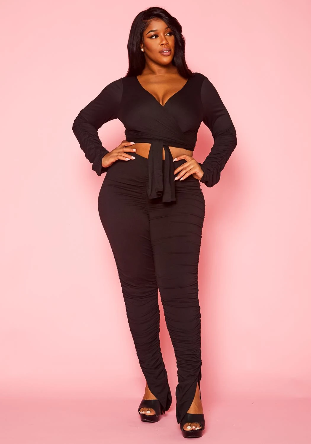 Plus Size Wrap Crop Top & Ruched Leggings Set 1 Plus Size Wrap Crop Top & Ruched Leggings Set