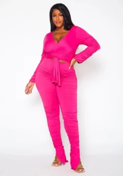Plus Size Wrap Crop Top & Ruched Leggings Set