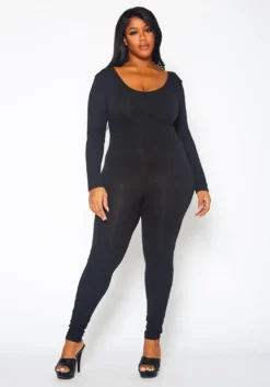 Plus Size Solid Long Sleeve Fitted Jumpsuit