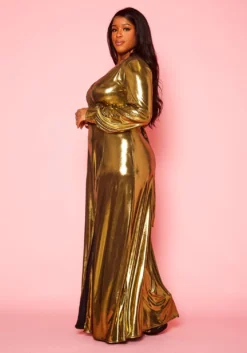 Plus Size Gold Metallic Fit & Flare Maxi Dress -Asoph Fashion Shop 2021399 001 3