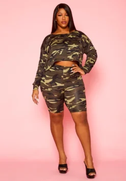 Plus Size Camo Print Lounge Set