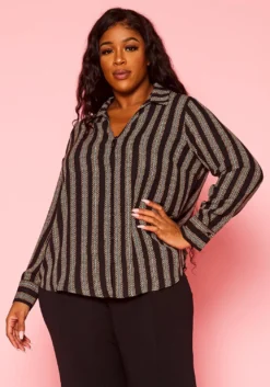 Plus Size Minimal Chain Link Print Collar Blouse