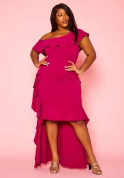 Plus Size Ruffle Trim High Low Gown